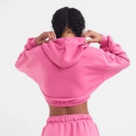 For Love & Lemons Ellie Cropped Sweatshirt Pink Hooded Long Sleeve Size Large 8 - Picture 9 of 13